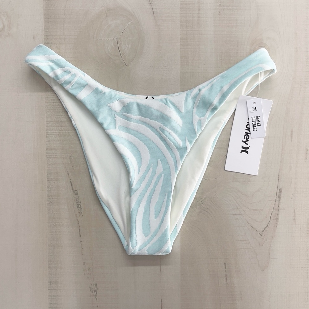 nwt HURLEY wave runner cheeky French printed high rise swim bottoms blue